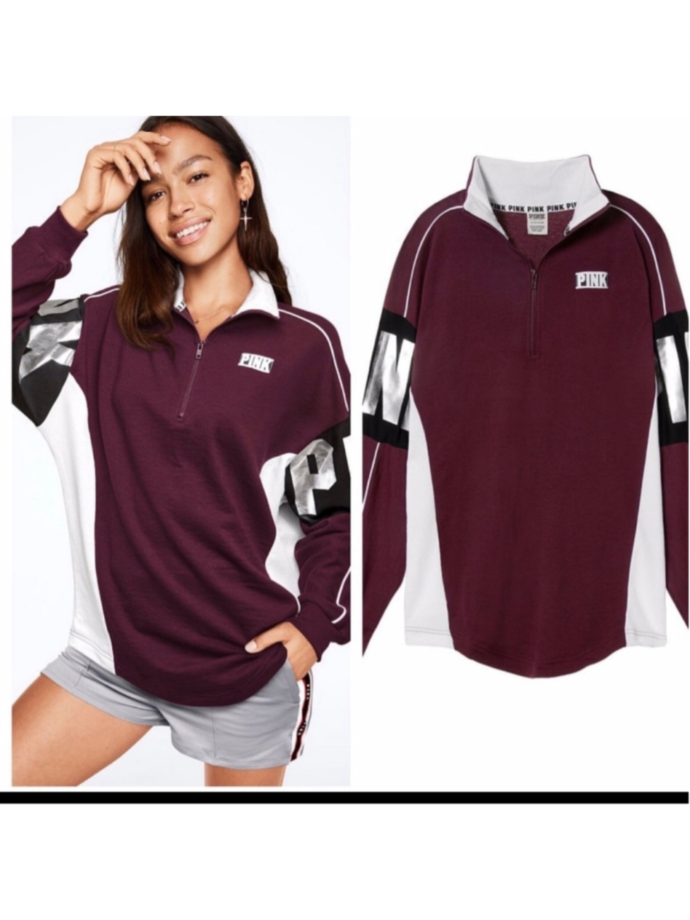 Women's Victoria's Secret PINK Quarter-Zip Sweatshirt, Size M, Burgundy/White